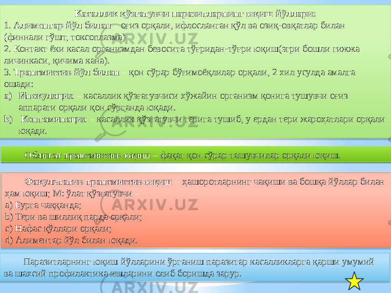 Факультатив трансмиссив юқиш – ҳашоротларнинг чақиши ва бошқа йўллар билан ҳам юқиш; М: ўлат қўзғатувчи – a) Бурга чаққанда; b) Тери ва шиллиқ парда орқали; c) Нафас қўллари орқали; d) Алиментар йўл билан юқади. Касаллик қўзғатувчи паразитларнинг юқиш йўллари: 1. Алиментар йўл билан – оғиз орқали, ифлосланган қўл ва озиқ-овқатлар билан (финнали гўшт, токсоплазма) 2. Контакт ёки касал организмдан бевосита тўғридан-тўғри юқиш(эгри бошли гижжа личинкаси, қичима кана). 3. Трансмиссив йўл билан – қон сўрар бўғимоёқлилар орқали, 2 хил усулда амалга ошади: a) Инокуляция – касаллик қўзғатувчиси хўжайин организм қонига тушувчи оғиз аппарати орқали қон сўрганда юқади. b) Контаминация – касаллик қўзғатувчи терига тушиб, у ердан тери жароҳатлари орқали юқади. Облигат трансмиссив юқиш – фақат қон сўрар ташувчилар орқали юқиш. Паразитларнинг юқиш йўлларини ўрганиш паразитар касалликларга қарши умумий ва шахсий профилактика ишларини олиб боришда зарур.2A 2F0A 0B04 4C 4D350A 4E 50350A 40 01020A 3D 2F0A0E 3412 1D020A 1007 22020A 14 2F 0E19 4121 220B 2F 04 4221 01 40 2F0A 36 29 2F0A 03 0D 