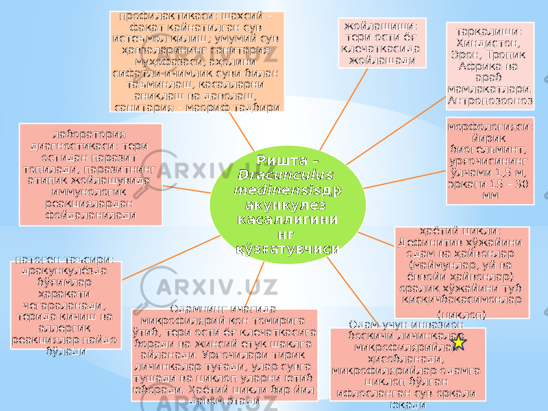 Ришта – Dracunculus medinensis др акункулез касаллигини нг қўзғатувчиси жойлашиши: тери ости ёғ клечаткасида жойлашади тарқалиши: Хиндистон, Эрон, Тропик Африка ва араб мамлакатлари. Антропозооноз морфологияси: йирик биогельминт, урғочисининг ўлчами 1,5 м, эркаги 15 – 30 мм ҳаётий цикли: Дефинитив хўжайини одам ва ҳайвонлар (маймунлар, уй ва ёввойи ҳайвонлар) оралиқ хўжайини туб қисқичбақасимонлар (циклоп) Одам учун инвазион босқичи личинкалар микрофилярийлар ҳисобланади, микрофилярийлар одамга циклоп бўлган ифлосланган сув орқали юқадиОдамнинг ичагида микрофилярий қон томирига ўтиб, тери ости ёғ клечаткасига боради ва жинсий етук шаклга айланади. Урғочилари тирик личинкалар туғади, улар сувга тушади ва циклоп уларни ютиб юборади. Ҳаётий цикли бир йил давом этадипатоген таъсири: дракункулёзда бўғимлар ҳаракати чегараланади, терида қичиш ва аллергик реакциялар пайдо бўлади лаборатория диагностикаси: тери остидан паразит топилади, паразитнинг атипик жойлашувида иммунологик реакциялардан фойдаланилади профилактикаси: шахсий – фақат қайнатилган сув истеъмол қилиш; умумий сув ҳавзаларининг санитария муҳофазаси, аҳолини сифатли ичимлик суви билан таъминлаш, касалларни аниқлаш ва даволаш, санитария – маориф тадбири 