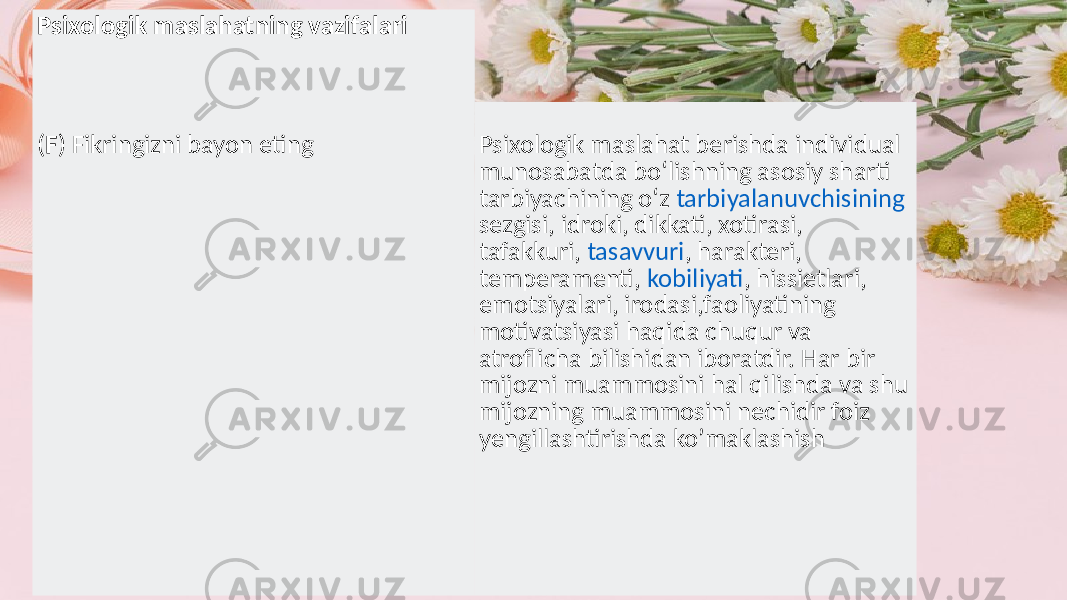 Psixologik maslahatning vazifalari ( F ) Fikringizni bayon eting Psixologik maslahat berishda individual munosabatda bo‘lishning asosiy sharti tarbiyachining o‘z tarbiyalanuvchisining sezgisi , idroki, dikkati, xotirasi, tafakkuri, tasavvuri , harakteri, temperamenti, kobiliyati , hissietlari, emotsiyalari, irodasi,faoliyatining motivatsiyasi haqida chuqur va atroflicha bilishidan iboratdir. Har bir mijozni muammosini hal qilishda va shu mijozning muammosini nechidir foiz yengillashtirishda ko’maklashish 