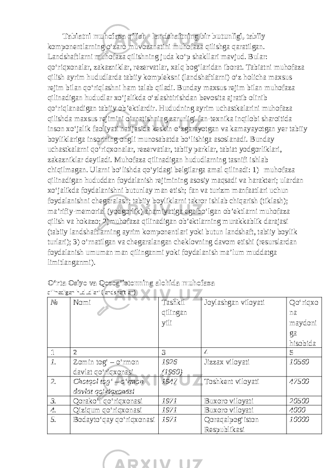 Tabiatni muhofaza qilish - landshaftning bir butunligi, tabiiy komponentlarning o‘zaro muvozanatini muhofaza qilishga qaratilgan. Landshaftlarni muhofaza qilishning juda ko‘p shakllari mavjud. Bular: qo‘riqxonalar, zakazniklar, rezervatlar, xalq bog‘laridan iborat. Tabiatni muhofaza qilish ayrim hududlarda tabiiy kompleksni (landshaftlarni) o‘z holicha maxsus rejim bilan qo‘riqlashni ham talab qiladi. Bunday maxsus rejim bilan muhofaza qilinadigan hududlar xo‘jalikda o‘zlashtirishdan bevosita ajratib olinib qo‘riqlanadigan tabiiy ob’ektlardir. Hududning ayrim uchastkalarini muhofaza qilishda maxsus rejimini o‘rnatishning zarurligi fan-texnika inqilobi sharoitida inson xo‘jalik faoliyati natijasida keskin o‘zgarayotgan va kamayayotgan yer tabiiy boyliklariga insonning ongli munosabatda bo‘lishiga asoslanadi. Bunday uchastkalarni qo‘riqxonalar, rezervatlar, tabiiy parklar, tabiat yodgorliklari, zakazniklar deyiladi. Muhofaza qilinadigan hududlarning tasnifi ishlab chiqilmagan. Ularni bo‘lishda qo‘yidagi belgilarga amal qilinadi: 1) muhofaza qilinadigan hududdan foydalanish rejimining asosiy maqsadi va harakteri; ulardan xo‘jalikda foydalanishni butunlay man etish; fan va turizm manfaatlari uchun foydalanishni chegaralash; tabiiy boyliklarni takror ishlab chiqarish (tiklash); ma’rifiy-memorial (yodgorlik) ahamiyatiga ega bo‘lgan ob’ektlarni muhofaza qilish va hokazo; 2)muhofaza qilinadigan ob’ektlarning murakkablik darajasi (tabiiy landshaftlarning ayrim komponentlari yoki butun landshaft, tabiiy boylik turlari); 3) o‘rnatilgan va chegaralangan cheklovning davom etishi (resurslardan foydalanish umuman man qilinganmi yoki foydalanish ma’lum muddatga limitlanganmi). O‘rta Osiyo va Qozog‘istonning alohida muhofaza qilinadigan hududlari (landshaftlari) № Nomi Tashkil qilingan yili Joylashgan viloyati Qo‘riqxo na maydoni ga hisobida 1 2 3 4 5 1. Zomin tog‘ – o‘rmon davlat qo‘riqxonasi 1926 (1960) Jizzax viloyati 10560 2. Chotqol tog‘ – o‘rmon davlat qo‘riqxonasi 1947 Toshkent viloyati 47500 3. Qorako‘l qo‘riqxonasi 1971 Buxoro viloyati 20500 4. Qiziqum qo‘riqxonasi 1971 Buxoro viloyati 4000 5. Bodayto‘qay qo‘riqxonasi 1971 Qoraqalpog‘iston Respublikasi 10000 