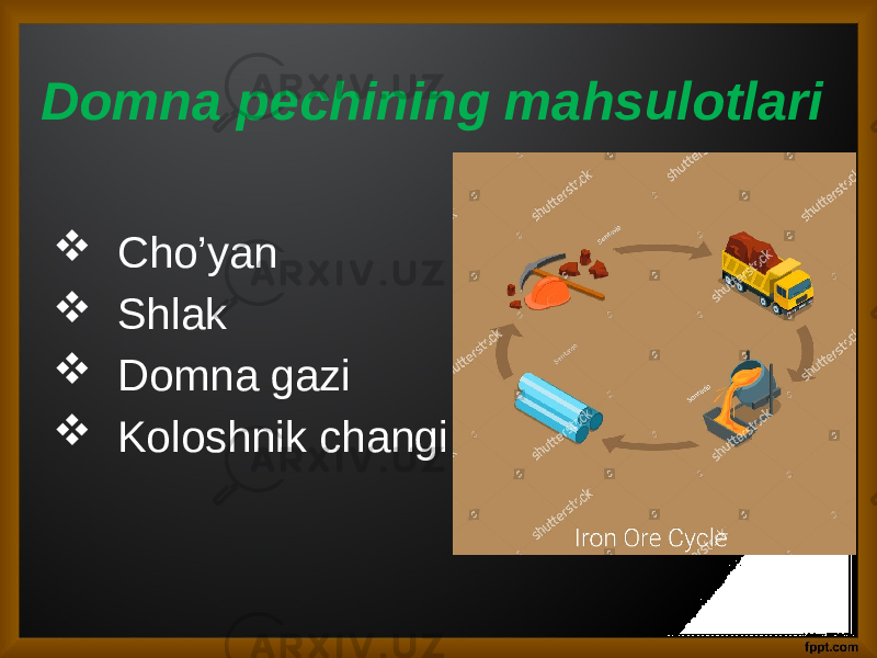 Domna pechining mahsulotlari  Cho’yan  Shlak  Domna gazi  Koloshnik changi 