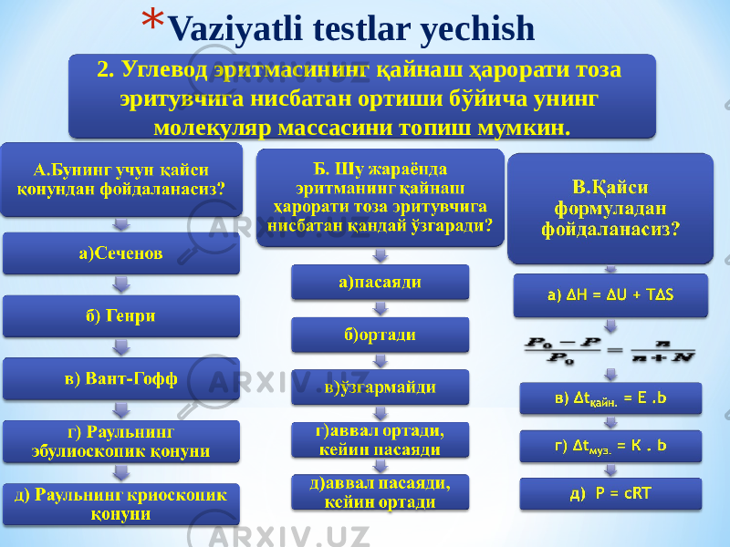 * Vaziyatli testlar yechish 2. Углевод эритмасининг қайнаш ҳарорати тоза эритувчига нисбатан ортиши бўйича унинг молекуляр массасини топиш мумкин. 