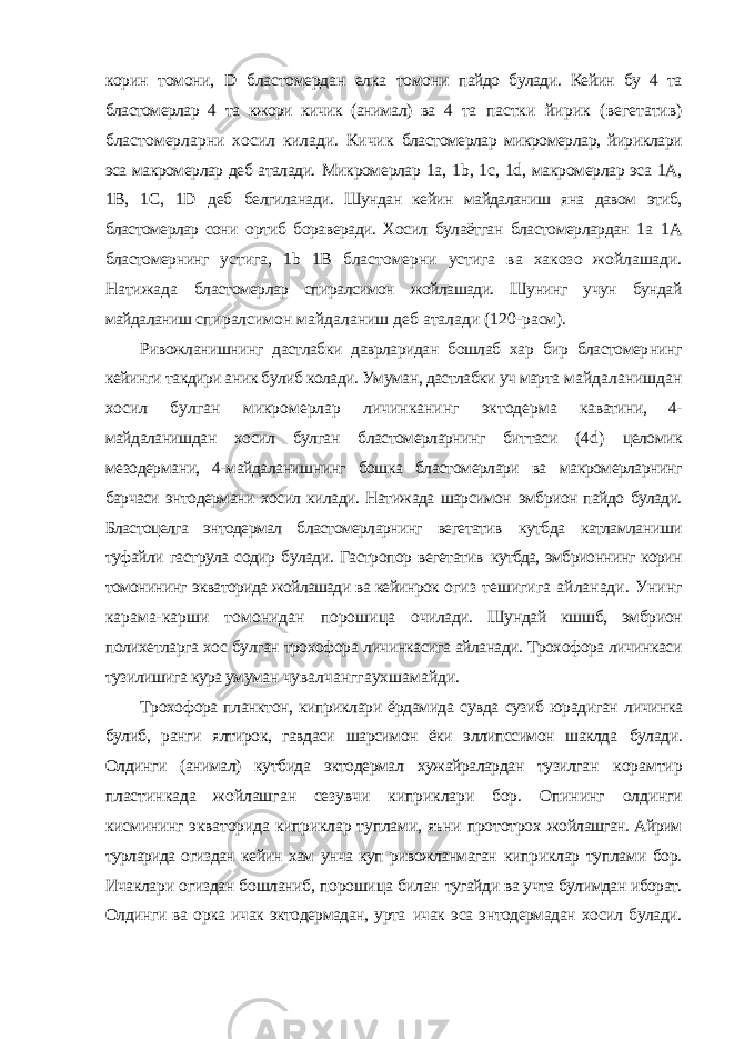 корин томони, D бластомердан елка томони пайдо булади. Кейин бу 4 та бластомерлар 4 та кжори кичик (анимал) ва 4 та пастки йирик (вегетатив) бластомерларни хосил килади. Кичик бластомерлар микромерлар, йириклари эса макромерлар деб аталади. Микромерлар 1 a , 1 b , 1 c , 1 d , макромерлар эса 1A, 1B, 1C, 1 D деб белгиланади. Шундан кейин майдаланиш яна давом этиб, бластомерлар сони ортиб бораверади. Хосил булаётган бластомерлардан 1 a 1 A бластомернинг устига, 1 b 1 B бластомерни устига ва хакозо жойлашади. Натижада бластомерлар спиралсимон жойлашади. Шунинг учун бундай майдаланиш спиралсимон майдаланиш деб аталади (120-расм). Ривожланишнинг дастлабки даврларидан бошлаб хар бир бластомер нинг кейинги такдири аник булиб колади. Умуман, дастлабки уч марта майдаланишдан хосил булган микромерлар личинканинг эктодерма каватини, 4- майдаланишдан хосил булган бластомерларнинг биттаси (4 d ) целомик мезодермани, 4-майдаланишнинг бошка бластомерлари ва макромерларнинг барчаси энтодермани хосил килади. Натижада шарсимон эмбрион пайдо булади. Бластоцелга энтодермал бластомерларнинг вегетатив кутбда катламланиши туфайли гаструла содир булади. Гастропор вегетатив кутбда, эмбрионнинг корин томонининг экваторида жойлашади ва кейинрок огиз тешигига айланади. Унинг карама-карши томонидан порошица очилади. Шундай кшшб, эмбрион полихетларга хос булган трохофора личинкасига айланади. Трохофора личинкаси тузилишига кура умуман чувалчанггаухшамайди. Трохофора планктон, киприклари ёрдамида сувда сузиб юрадиган личинка булиб, ранги ялтирок, гавдаси шарсимон ёки эллипссимон шаклда булади. Олдинги (анимал) кутбида эктодермал хужайралардан тузилган корамтир пластинкада жойлашган сезувчи киприклари бор. Опининг олдинги кисмининг экваторида киприклар туплами, яъни прототрох жойлашган. Айрим турларида огиздан кейин хам унча куп ривожланмаган киприклар туплами бор. Ичаклари огиздан бошланиб, порошица билан тугайди ва учта булимдан иборат. Олдинги ва орка ичак эктодермадан, урта ичак эса энтодермадан хосил булади. 