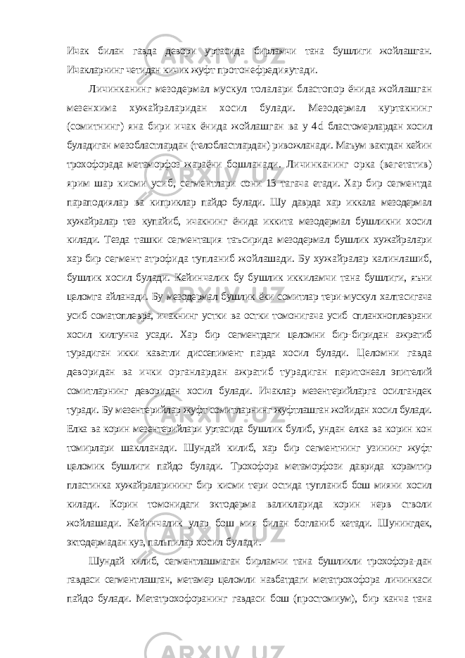 Ичак билан гавда девори уртасида бирламчи тана бушлиги жойлашган. Ичакларнинг четидан кичик жуфт протонефредияутади. Личинканинг мезодермал мускул толалари бластопор ёнида жойлашган мезенхима хужайраларидан хосил булади. Мезодермал куртакнинг (сомитнинг) яна бири ичак ёнида жойлашган ва у 4 d бластомерлардан хосил буладиган мезобластлардан (телобластлардан) ривожланади. Маъум вактдан кейин трохофорада метаморфоз жараёни бошланади. Личинканинг орка (вегетатив) ярим шар кисми усиб, сегментлари сони 13 тагача етади. Хар бир сегментда параподиялар ва киприклар пайдо булади. Шу даврда хар иккала мезодермал хужайралар тез купайиб, ичакнинг ёнида иккита мезодермал бушликни хосил килади. Тезда ташки сегментация таъсирида мезодермал бушлик хужайралари хар бир сегмент атрофида тупланиб жойлашади. Бу хужайралар калинлашиб, бушлик хосил булади. Кейинчалик бу бушлик иккиламчи тана бушлиги, яъни целомга айланади. Бу мезодермал бушлик ёки сомитлар тери-мускул халтасигача усиб соматоплевра, ичакнинг устки ва остки томонигача усиб спланхноплеврани хосил килгунча усади. Хар бир сегментдаги целомни бир- биридан ажратиб турадиган икки каватли диссепимент парда хосил булади. Целомни гавда деворидан ва ички органлардан ажратиб турадиган перитонеал эпителий сомитларнинг деворидан хосил булади. Ичаклар мезентерийларга осилгандек туради. Бу мезентерийлар жуфт сомитларнинг жуфтлашган жойидан хосил булади. Елка ва корин мезентерийлари уртасида бушлик булиб, ундан елка ва корин кон томирлари шаклланади. Шундай килиб, хар бир сегментнинг узининг жуфт целомик бушлиги пайдо булади. Трохофора метаморфози даврида корамтир пластинка хужайраларининг бир кисми тери остида тупланиб бош мияни хосил килади. Корин томонидаги эктодерма валикларида корин нерв стволи жойлашади. Кейинчалик улар бош мия билан богланиб кетади. Шунингдек, эктодермадан куз, пальпилар хосил булади. Шундай килиб, сегментлашмаган бирламчи тана бушликли трохофора- дан гавдаси сегментлашган, метамер целомли навбатдаги метатрохофора личинкаси пайдо булади. Метатрохофоранинг гавдаси бош (простомиум), бир канча тана 