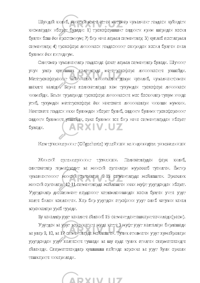 Шундай килиб, жинсий вояга етган метамер чувалчанг гавдаси куйидаги кисмлардан иборат булади: 1) трохофоршшнг олдинги ярим шаридан хосил булган бош ёки простомиум; 2) бир неча ларвал сегментлар; 3) куплаб постларвал сегментлар; 4) трохофора личинкаси гавдасининг охиридан хосил булган анал булими ёки пигидиум. Олигомер чувалчанглар гавдасида факат ларвал сегментлар булади. Шунинг учун улар купчшшк холатларда метатрохофора личинкасига ухшайди. Метатрохофоранинг кейинчалик личинкалик даври чузилиб, чувалчангсимон шаклга келади. Барча полихетларда хам тухумдан трохофора личинкаси чикмайди. Баъзи турларида трохофора личинкасига мос боскичлар тухум ичида утиб, тухумдан метатрохофора ёки нектохета личинкалари чикиши мумкин. Нектохета гавдаси икки булимдан иборат булиб, олдинги булими трохофоранинг олдинги булимига ухшайди, орка булими эса бир неча сегментлардан иборат булади. Кам туклиларнинг ( Oligochaeta ) купай иши ва индивидуал ривожланиши Жинсий органларининг тузилиши. Полихетлардан фарк килиб, олигохетлар гермафродит ва жинсий органлари мураккаб тузилган. Ёмгир чувалчангининг жинсий органлари 9-15 сегментларда жойлашган. Эркаклик жинсий органлари 10-11 сегментларда жойлашган икки жуфт уругдондан иборат. Уругдонлар диссепимент парданинг катламланишидан хосил булган учта уруг халта билан копланган. Хар бир уругдон атрофини уруг олиб кетувчи канал воронкалари ураб туради. Бу каналлар уруг каналига айланиб 15-сегментданташкаригаочилади(расм). Уругдон ва уруг воронкасига жуда катта 3 жуфт уруг халталари бирлашади ва улар 9, 10, ва 12-сегментларда жойлашган. Тулик етилмаган уруг хужайралари уругдондан уруг халтасига тушади ва шу ерда тулик етилган сперматозоидга айланади. Сперматозоидлар кушшшш пайтида воронка ва уруг йули оркали ташкарига чикарилади. 