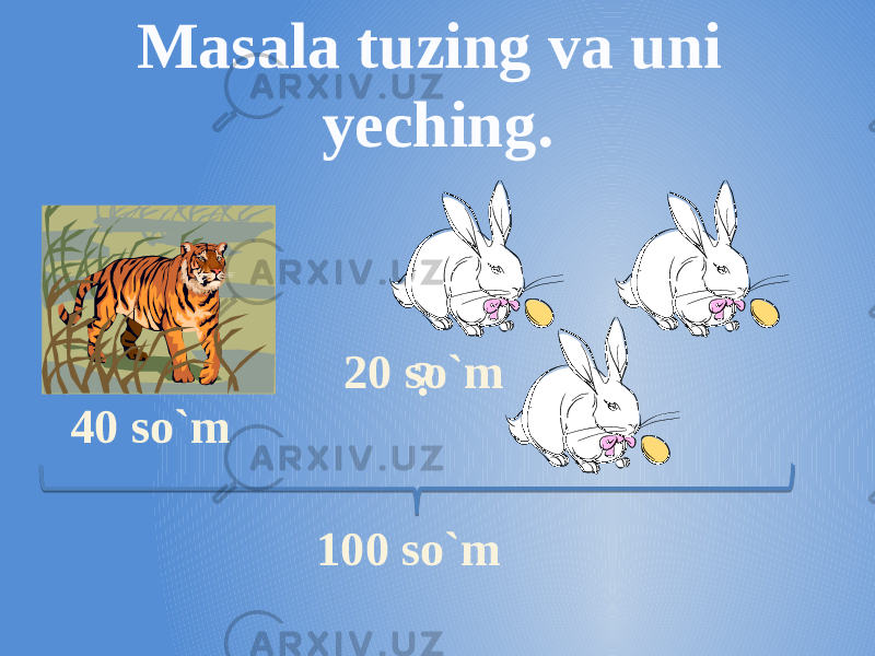 Masala tuzing va uni yeching. 40 so`m 100 so`m 20 so`m ? 