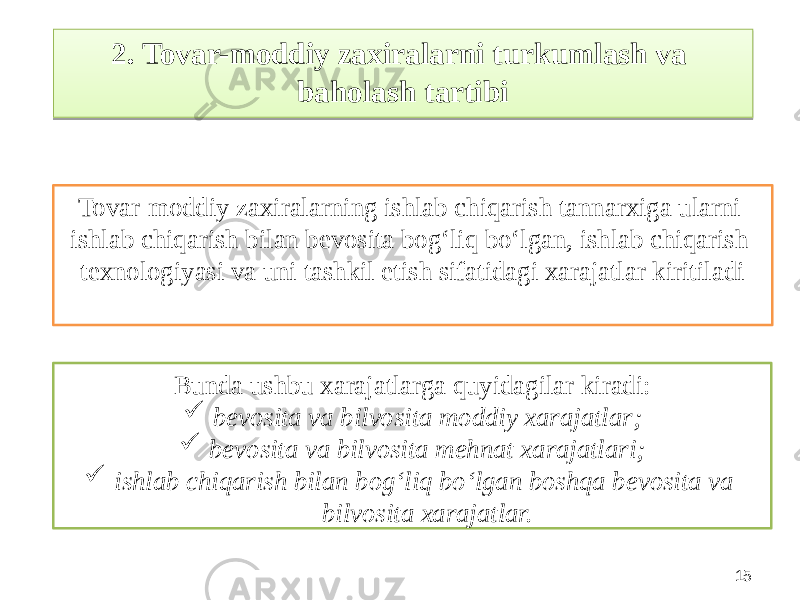 15Tovar-moddiy zaxiralarning ishlab chiqarish tannarxiga ularni ishlab chiqarish bilan bevosita bog‘liq bo‘lgan, ishlab chiqarish texnologiyasi va uni tashkil etish sifatidagi xarajatlar kiritiladi Bunda ushbu xarajatlarga quyidagilar kiradi:  bevosita va bilvosita moddiy xarajatlar;  bevosita va bilvosita mehnat xarajatlari;  ishlab chiqarish bilan bog‘liq bo‘lgan boshqa bevosita va bilvosita xarajatlar.2. Tovar-moddiy zaxiralarni turkumlash va baholash tartibi29170B 2B14221821 