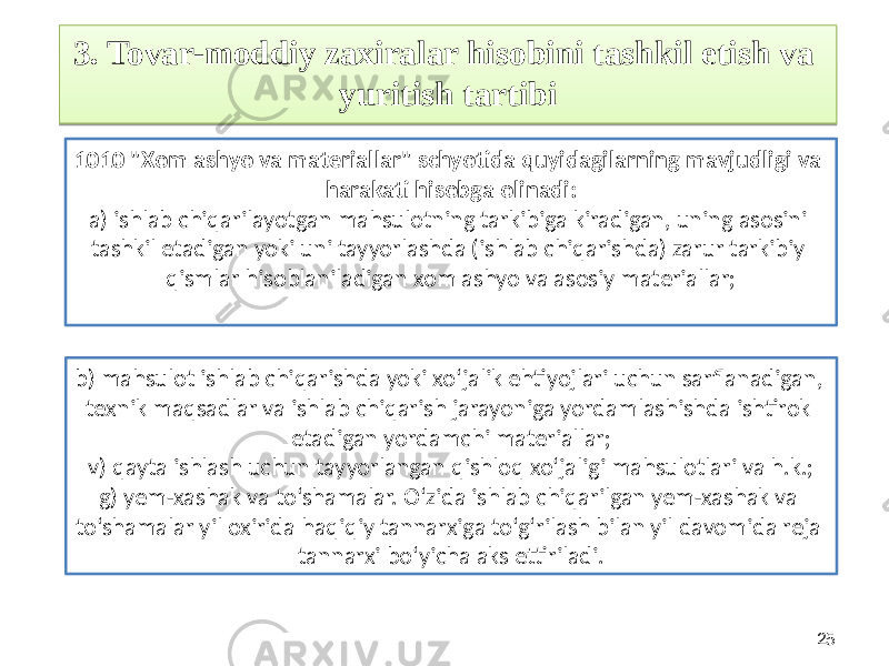 253. Tovar-moddiy zaxiralar hisobini tashkil etish va yuritish tartibi b) mahsulot ishlab chiqarishda yoki xo‘jalik ehtiyojlari uchun sarflanadigan, texnik maqsadlar va ishlab chiqarish jarayoniga yordamlashishda ishtirok etadigan yordamchi materiallar; v) qayta ishlash uchun tayyorlangan qishloq xo‘jaligi mahsulotlari va h.k.; g) yem-xashak va to‘shamalar. O‘zida ishlab chiqarilgan yem-xashak va to‘shamalar yil oxirida haqiqiy tannarxiga to‘g‘rilash bilan yil davomida reja tannarxi bo‘yicha aks ettiriladi.1010 &#34;Xom ashyo va materiallar&#34; schyotida quyidagilarning mavjudligi va harakati hisobga olinadi: a) ishlab chiqarilayotgan mahsulotning tarkibiga kiradigan, uning asosini tashkil etadigan yoki uni tayyorlashda (ishlab chiqarishda) zarur tarkibiy qismlar hisoblaniladigan xom ashyo va asosiy materiallar;2C170B 1E251A1D 