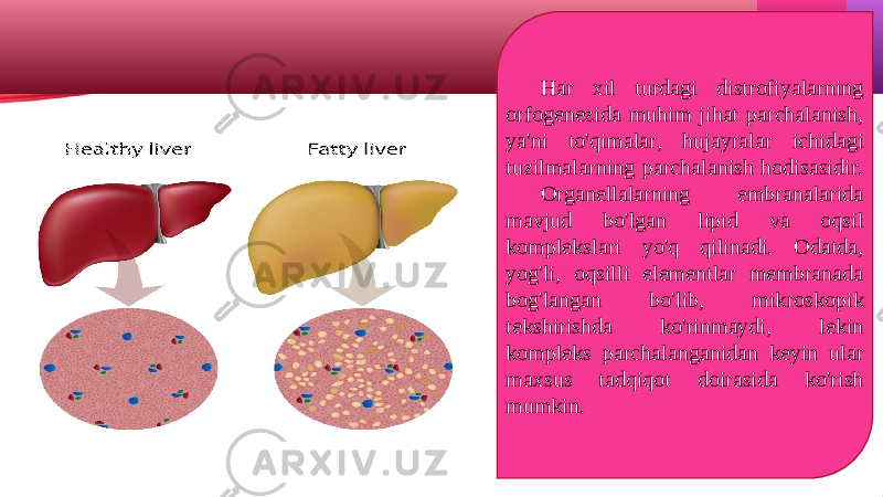 Har xil turdagi distrofiyalarning orfogenezida muhim jihat parchalanish, ya&#39;ni to&#39;qimalar, hujayralar ichidagi tuzilmalarning parchalanish hodisasidir. Organellalarning embranalarida mavjud bo&#39;lgan lipid va oqsil komplekslari yo&#39;q qilinadi. Odatda, yog&#39;li, oqsilli elementlar membranada bog&#39;langan bo&#39;lib, mikroskopik tekshirishda ko&#39;rinmaydi, lekin kompleks parchalanganidan keyin ular maxsus tadqiqot doirasida ko&#39;rish mumkin. 