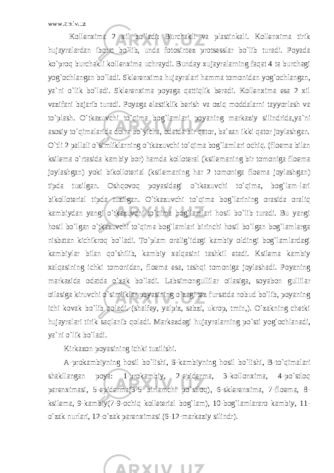 www.arxiv.uz Kollenxima 2 xil bo`ladi: Burchakli va plastinkali. Kollenxima tirik hujayralardan iborat bo`lib, unda fotosintez protsesslar bo`lib turadi. Poyada ko`proq burchakli kollenxima uchraydi. Bunday xujayralarning faqat 4 ta burchagi yog`ochlangan bo`ladi. Sklerenxima hujayralari hamma tomonidan yog`ochlangan, ya`ni o`lik bo`ladi. Sklerenxima poyaga qattiqlik beradi. Kollenxima esa 2 xil vazifani bajarib turadi. Poyaga elastiklik berish va oziq moddalarni tayyorlash va to`plash. O`tkazuvchi to`qima bog`lamlari poyaning markaziy silindrida,ya`ni asosiy to`qimalarida doira bo`yicha, odatda bir qator, ba`zan ikki qator joylashgan. O`tli 2 pallali o`simliklarning o`tkazuvchi to`qima bog`lamlari ochiq. (floema bilan ksilema o`rtasida kambiy bor) hamda kolloteral (ksilemaning bir tomoniga floema joylashgan) yoki bikolloterial (ksilemaning har 2 tomoniga floema joylashgan) tipda tuzilgan. Oshqovoq poyasidagi o`tkazuvchi to`qima, bog`lam-lari bikolloterial tipda tuzilgan. O`tkazuvchi to`qima bog`larining orasida oraliq kambiydan yangi o`tkazuvchi to`qima bog`lamlari hosil bo`lib turadi. Bu yangi hosil bo`lgan o`tkazuvchi to`qima bog`lamlari birinchi hosil bo`lgan bog`lamlarga nisbatan kichikroq bo`ladi. To`plam oralig`idagi kambiy oldingi bog`lamlardagi kambiylar bilan qo`shilib, kambiy xalqasini tashkil etadi. Ksilema kambiy xalqasining ichki tomonidan, floema esa, tashqi tomoniga joylashadi. Poyaning markazida odatda o`zak bo`ladi. Labsimongullilar oilasiga, soyabon gullilar oilasiga kiruvchi o`simliklar poyasining o`zagi tez fursatda nobud bo`lib, poyaning ichi kovak bo`lib qoladi. (shalfey, yalpiz, sabzi, ukrop, tmin,). O`zakning chetki hujayralari tirik saqlanib qoladi. Markazdagi hujayralarning po`sti yog`ochlanadi, ya`ni o`lik bo`ladi. Kirkazon poyasining ichki tuzilishi. А-prokambiyning hosil bo`lishi, Б-kambiyning hosil bo`lishi, В-to`qimalari shakllangan poya: 1-prokambiy, 2-epiderma, 3-kollonxima, 4-po`stloq parenximasi, 5-epiderma(3-5 birlamchi po`stloq), 6-sklerenxima, 7-floema, 8- ksilema, 9-kambiy(7-9-ochiq kolleterial bog`lam), 10-bog`lamlararo kambiy, 11- o`zak nurlari, 12-o`zak parenximasi (6-12-markaziy silindr). 