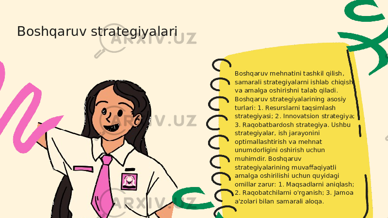 Boshqaruv strategiyalari Boshqaruv mehnatini tashkil qilish, samarali strategiyalarni ishlab chiqish va amalga oshirishni talab qiladi. Boshqaruv strategiyalarining asosiy turlari: 1. Resurslarni taqsimlash strategiyasi; 2. Innovatsion strategiya; 3. Raqobatbardosh strategiya. Ushbu strategiyalar, ish jarayonini optimallashtirish va mehnat unumdorligini oshirish uchun muhimdir. Boshqaruv strategiyalarining muvaffaqiyatli amalga oshirilishi uchun quyidagi omillar zarur: 1. Maqsadlarni aniqlash; 2. Raqobatchilarni o&#39;rganish; 3. Jamoa a&#39;zolari bilan samarali aloqa. 