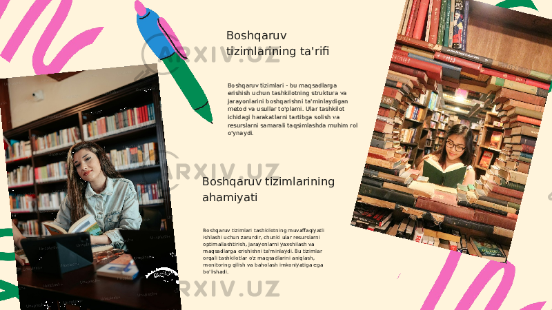 Boshqaruv tizimlarining ta&#39;rifi Boshqaruv tizimlari - bu maqsadlarga erishish uchun tashkilotning struktura va jarayonlarini boshqarishni ta&#39;minlaydigan metod va usullar to&#39;plami. Ular tashkilot ichidagi harakatlarni tartibga solish va resurslarni samarali taqsimlashda muhim rol o&#39;ynaydi. Boshqaruv tizimlarining ahamiyati Boshqaruv tizimlari tashkilotning muvaffaqiyatli ishlashi uchun zarurdir, chunki ular resurslarni optimallashtirish, jarayonlarni yaxshilash va maqsadlarga erishishni ta&#39;minlaydi. Bu tizimlar orqali tashkilotlar o&#39;z maqsadlarini aniqlash, monitoring qilish va baholash imkoniyatiga ega bo&#39;lishadi. 