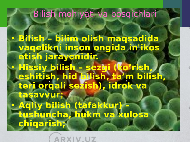 Bilish mohiyati va bosqichlari • Bilish – bilim olish maqsadida vaqеlikni inson ongida in&#39;ikos etish jarayonidir. • Hissiy bilish – sezgi (ko’rish, eshitish, hid bilish, ta’m bilish, teri orqali sezish), idrok va tasavvur; • Aqliy bilish (tafakkur) – tushuncha, hukm va xulosa chiqarish; 