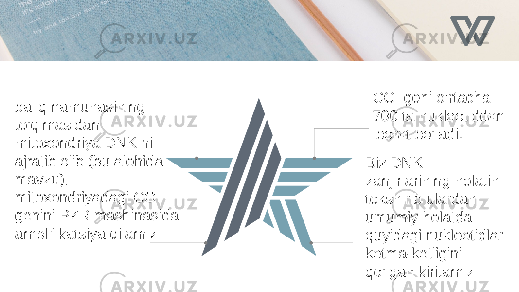 baliq namunasining to’qimasidan mitoxondriya DNK ni ajratib olib (bu alohida mavzu), mitoxondriyadagi COI genini PZR mashinasida amplifikatsiya qilamiz COI geni o’rtacha 700 ta nukleotiddan iborat bo’ladi. Biz DNK zanjirlarining holatini tekshirib ulardan umumiy holatda quyidagi nukleotidlar ketma-ketligini qo’lgan kiritamiz. 