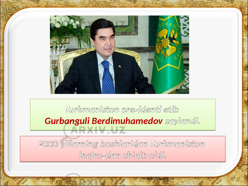 Turkmaniston prezidenti etib Gurbanguli Berdimuhamedov saylandi. 10/11/2019 62000-yillarning boshlaridan Turkmaniston inqirozdan chiqib oldi.30 34 03 2B2C 0405 
