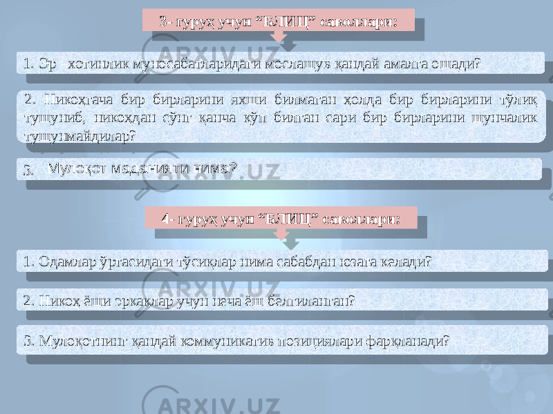 3- гуруҳ учун “БЛИЦ” саволлари: 1. Эр –хотинлик муносабатларидаги мослашув қандай амалга ошади? 2. Никоҳгача бир бирларини яхши билмаган ҳолда бир бирларини тўлиқ тушуниб, никоҳдан сўнг қанча кўп билган сари бир бирларини шунчалик тушунмайдилар? 3. 4- гуруҳ учун “БЛИЦ” саволлари: 1. Одамлар ўртасидаги тўсиқлар нима сабабдан юзага келади? 2. Никоҳ ёши эркаклар учун неча ёш белгиланган? Мулоқот маданияти нима? 3. Мулоқотнинг қандай коммуникатив позициялари фарқланади?57 40 07 512C 48 34 34 4B 58 40 48 4B1E 