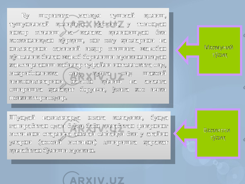 Шундай вазиятларда юзага келадики, бунда гапираётган одам ё ўзи баён қилаётган фикрнинг мотивини етарлича англай олмайди ёки у атайин уларни (асосий мотивни) яширишга ҳаракат қилаётган бўлиши мумкин. Бу шеригига маъқул тушмай қолиш, тушунилмай қолишдан қўрқиш, у томондан инкор этилиш ва калака қилинишдан ёки кескинликдан қўрқиш, энг эзгу ҳисларини ва ниятларини самимий изҳор этишига жавобан қўполлик билан жавоб берилиши мумкинлигидан хавотирланиш кабилар туфайли интеллектга оид, меҳрибонликка оид, кучга оид шахсий имкониятларини намоён қилиш ва амалга оширишга ҳалақит берувчи, ўзига хос ички психик тормоздир. Мазмуний тўсиқ Вазиятли тўсиқ0F 3629 2C 2D 3D 45 30 34 37 35 3D 46 2C 34 33 40 