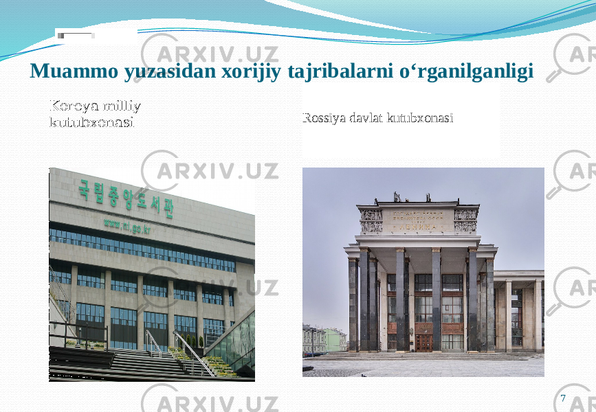 Muammo yuzasidan xorijiy tajribalarni o‘rganilganligi 7Koreya milliy kutubxonasi Rossiya davlat kutubxonasi 