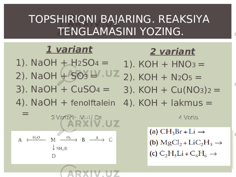 TOPSHIRIQNI BAJARING . REAKSIYA TENGLAMASINI YOZING. 1 variant 1). NaOH + H 2 SO 4 = 2). NaOH + SO 3 = 3). NaOH + CuSO 4 = 4). NaOH + fenolftalein = 2 variant 1). К OH + HNO 3 = 2). KOH + N 2 O 5 = 3). KOH + Cu(NO 3 ) 2 = 4). KOH + lakmus = 3 Variant M=Li,Cs 4 Variat 