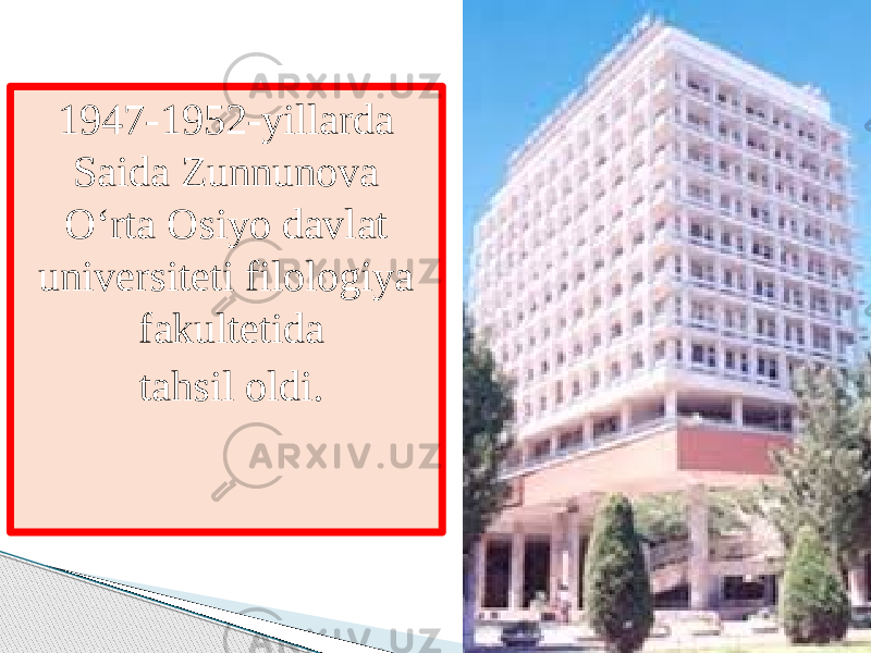 1947-1952-yillarda Saida Zunnunova O‘rta Osiyo davlat universiteti filologiya fakultetida tahsil oldi. 