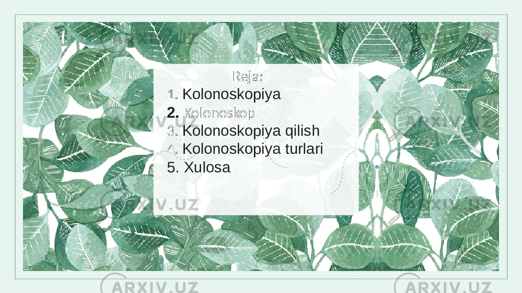  Reja: 1. Kolonoskopiya 2. Kolonoskop 3. Kolonoskopiya qilish 4. Kolonoskopiya turlari 5. Xulosa 