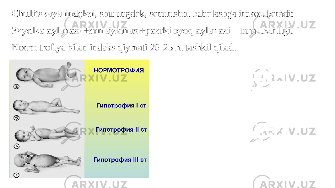 Chulitskaya indeksi , shuningdek, semirishni baholashga imkon beradi: 3× yelka aylanasi + son aylanasi + pastki oyoq aylanasi – tana uzunligi. Normotrofiya bilan indeks qiymati 20-25 ni tashkil qiladi 