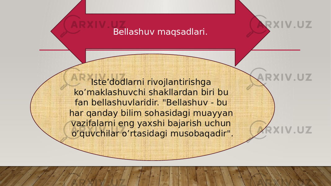 Bellashuv maqsadlari. Iste’dodlarni rivojlantirishga ko’maklashuvchi shakllardan biri bu fan bellashuvlaridir. &#34;Bellashuv - bu har qanday bilim sohasidagi muayyan vazifalarni eng yaxshi bajarish uchun o’quvchilar o’rtasidagi musobaqadir&#34;. 