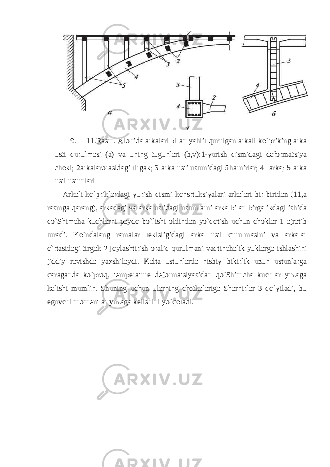  v 9. 11.Rasm. Alohida arkalari bilan yahlit qurulgan arkali ko`priking arka usti qurulmasi (a) va uning tugunlari (b,v):1-yurish qismidagi deformatsiya choki; 2arkalarorasidagi tirgak; 3-arka usti ustunidagi Sharnirlar; 4- arka; 5-arka usti ustunlari Arkali ko`priklardagi yurish qismi konsrtuksiyalari arkalari bir biridan (11,a rasmga qarang), arkadagi va arka ustidagi ustunlarni arka bilan birgalikdagi ishida qo`Shimcha kuchlarni paydo bo`lishi oldindan yo`qotish uchun choklar 1 ajratib turadi. Ko`ndalang ramalar tekisligidagi arka usti qurulmasini va arkalar o`rtasidagi tirgak 2 joylashtirish oraliq qurulmani vaqtinchalik yuklarga ishlashini jiddiy ravishda yaxshilaydi. Kalta ustunlarda nisbiy bikirlik uzun ustunlarga qaraganda ko`proq, temperature deformatsiyasidan qo`Shimcha kuchlar yuzaga kelishi mumlin. Shuning uchun ularning chetkalariga Sharnirlar 3 qo`yiladi, bu eguvchi momentlar yuzaga kelishini yo`qotadi. 