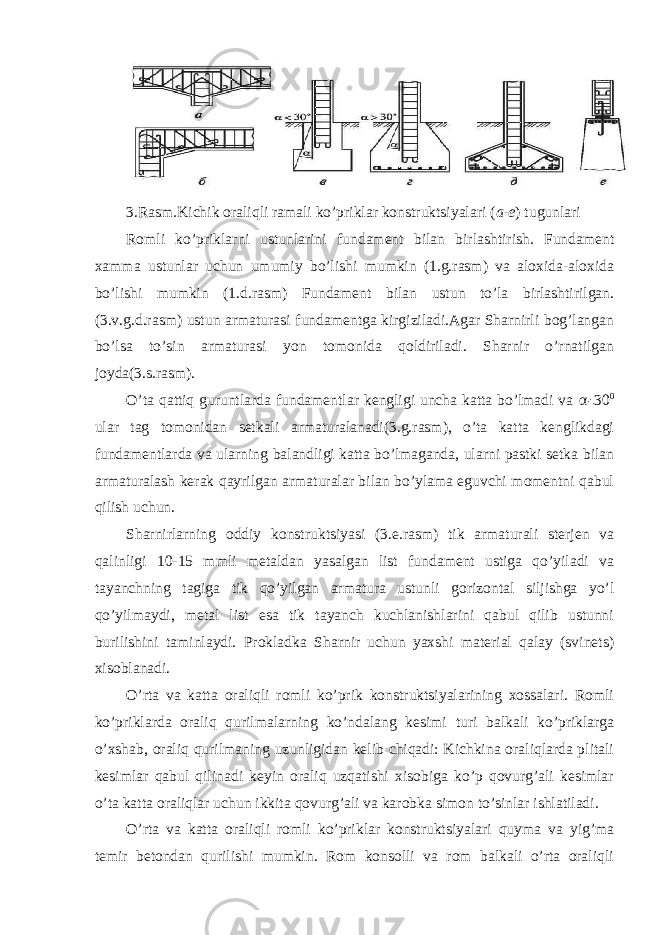 3.Rasm.Kichik oraliqli ramali ko’priklar konstruktsiyalari ( а - е ) tugunlari Romli ko’priklarni ustunlarini fundament bilan birlashtirish. Fundament xamma ustunlar uchun umumiy bo’lishi mumkin (1.g.rasm) va aloxida-aloxida bo’lishi mumkin (1.d.rasm) Fundament bilan ustun to’la birlashtirilgan. (3.v.g.d.rasm) ustun armaturasi fundamentga kirgiziladi.Agar Sharnirli bog’langan bo’lsa to’sin armaturasi yon tomonida qoldiriladi. Sharnir o’rnatilgan joyda(3.s.rasm). O’ta qattiq guruntlarda fundamentlar kengligi uncha katta bo’lmadi va α 30 0 ular tag tomonidan setkali armaturalanadi(3.g.rasm), o’ta katta kenglikdagi fundamentlarda va ularning balandligi katta bo’lmaganda, ularni pastki setka bilan armaturalash kerak qayrilgan armaturalar bilan bo’ylama eguvchi momentni qabul qilish uchun. Sharnirlarning oddiy konstruktsiyasi (3.e.rasm) tik armaturali sterjen va qalinligi 10-15 mmli metaldan yasalgan list fundament ustiga qo’yiladi va tayanchning tagiga tik qo’yilgan armatura ustunli gorizontal siljishga yo’l qo’yilmaydi, metal list esa tik tayanch kuchlanishlarini qabul qilib ustunni burilishini taminlaydi. Prokladka Sharnir uchun yaxshi material qalay (svinets) xisoblanadi. O’rta va katta oraliqli romli ko’prik konstruktsiyalarining xossalari. Romli ko’priklarda oraliq qurilmalarning ko’ndalang kesimi turi balkali ko’priklarga o’xshab, oraliq qurilmaning uzunligidan kelib chiqadi: Kichkina oraliqlarda plitali kesimlar qabul qilinadi keyin oraliq uzqatishi xisobiga ko’p qovurg’ali kesimlar o’ta katta oraliqlar uchun ikkita qovurg’ali va karobka simon to’sinlar ishlatiladi. O’rta va katta oraliqli romli ko’priklar konstruktsiyalari quyma va yig’ma temir betondan qurilishi mumkin. Rom konsolli va rom balkali o’rta oraliqli 