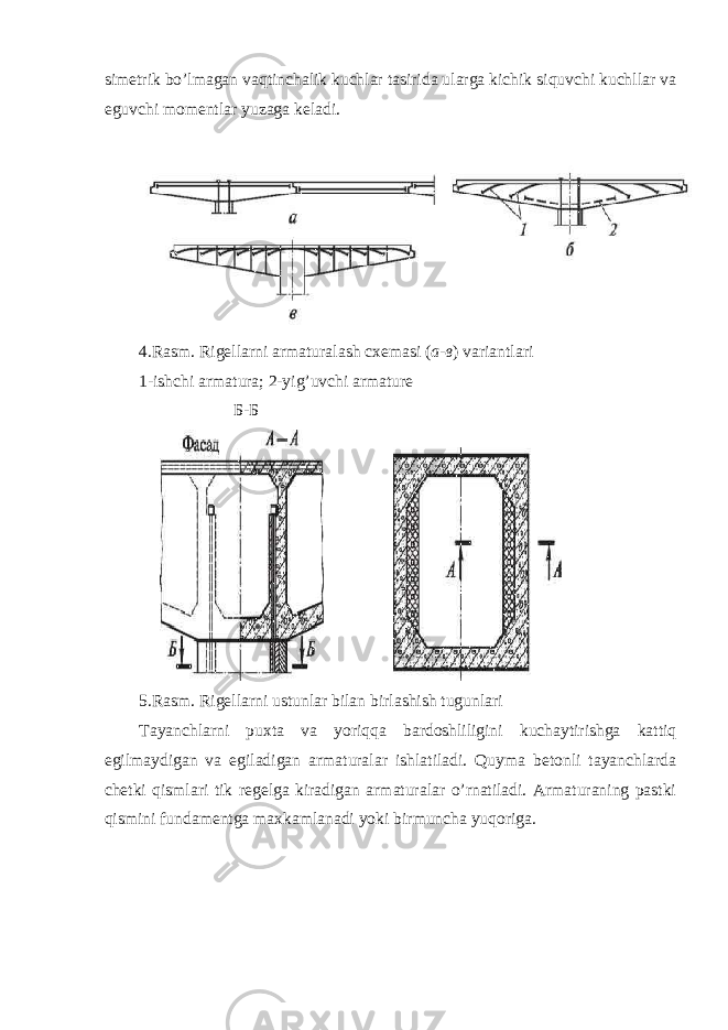 simetrik bo’lmagan vaqtinchalik kuchlar tasirida ularga kichik siquvchi kuchllar va eguvchi momentlar yuzaga keladi. 4.Rasm. Rigellarni armaturalash cxemasi ( а - в ) variantlari 1-ishchi armatura; 2-yig’uvchi armature Б - Б 5.Rasm. Rigellarni ustunlar bilan birlashish tugunlari Tayanchlarni puxta va yoriqqa bardoshliligini kuchaytirishga kattiq egilmaydigan va egiladigan armaturalar ishlatiladi. Quyma betonli tayanchlarda chetki qismlari tik regelga kiradigan armaturalar o’rnatiladi. Armaturaning pastki qismini fundamentga maxkamlanadi yoki birmuncha yuqoriga. 