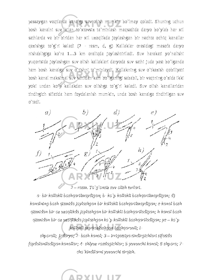 passaygan vaqtlarda kanalga suv olish mumkin bo`lmay qoladi. Shuning uchun bosh kanalni suv bilan to`xtovsiz ta`minlash maqsadida daryo bo`ylab har xil sathlarda va bir-biridan har xil uzoqlikda joylashgan bir nechta ochiq kanallar qazishga to`g`ri keladi (2 - rasm, d, g) Kallaklar orasidagi masofa daryo nishabligiga ko`ra 1…3 km oraliqda joylashtiriladi. Suv harakati yo`nalishi yuqorisida joylashgan suv olish kallaklari daryoda suv sathi juda past bo`lganda ham bosh kanalga suv o`tishni ta`minlaydi. Kallakning suv o`tkazish qobiliyati bosh kanal maksimal suv sarfidan kam bo`lganligi sababli, bir vaqtning o`zida ikki yoki undan ko`p kallakdan suv olishga to`g`ri keladi. Suv olish kanallaridan tindirgich sifatida ham foydalanish mumkin, unda bosh kanalga tindirilgan suv o`tadi. 2 – rasm. To`g`onsiz suv olish turlari. a- bir kallakli boshqarilmaydigan; b- ko`p kallakli boshqarilmaydigan; d) kanalning bosh qismida joylashgan bir kallakli boshqarilmaydigan; e-kanal bosh qismidan bir-oz uzoqlikda joylashgan bir kallakli boshqariladigan; h-kanal bosh qismidan bir-oz uzoqlikda joylashgan ko`p kallakli boshqariladigan; ye – ko`p kallakli markazlashgan boshqaruvli; i- shporali; 1-daryo; 2- bosh kanal; 3 – irrigatsiya tindirgichlari sifatida foydalaniladigan kanallar; 4- shlyuz-rostlagichlar; 5-yuvuvchi kanal; 6-shpora; 7- cho`kindilarni yuvuvchi tirqish. 