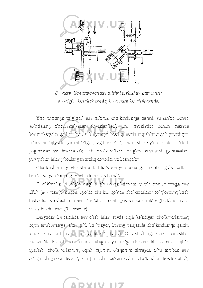 8 - rasm. Yon tomonga suv olishni joylashuv sxemalari: a - to`g`ri burchak ostida; b - o`tmas burchak ostida. Yon tomonga to`g`onli suv olishda cho`kindilarga qarshi kurashish uchun ko`ndalang sirkulyatsiyadan foydalaniladi, uni loyqalatish uchun maxsus konstruksiyalar qo`llaniladi: sirkulyatsiya hosil qiluvchi tirqishlar orqali yuvadigan ostonalar (qiyshiq yo`naltirilgan, egri chiziqli, uzunligi bo`yicha siniq chiziqli pog`onalar va boshqalar); tub cho`kindilarni tutgich yuvuvchi galereyalar; yuvgichlar bilan jihozlangan oraliq devorlar va boshqalar. Cho`kindilarni yuvish sharoitlari bo`yicha yon tomonga suv olish gidrouzellari frontal va yon tomonga yuvish bilan farqlanadi. Cho`kindilarni to`g`ondagi tirqish orqali frontal yuvib yon tomonga suv olish (9 - rasm). Yuqori byefda cho`kib qolgan cho`kindilarni to`g`onning bosh inshootga yondoshib turgan tirqishlar orqali yuvish konstruktiv jihatdan ancha qulay hisoblanadi (9 - rasm, a). Daryodan bu tartibda suv olish bilan suvda oqib keladigan cho`kindilarning oqim strukturasiga ta`sir qilib bo`lmaydi, buning natijasida cho`kindilarga qarshi kurash choralari ancha murakkablashib ketadi. Cho`kindilarga qarshi kurashish maqsadida bosh inshoot ostonasining daryo tubiga nisbatan bir oz baland qilib qurilishi cho`kindilarning oqish rejimini o`zgartira olmaydi. Shu tartibda suv olinganida yuqori byefni, shu jumladan ostona oldini cho`kindilar bosib qoladi, 