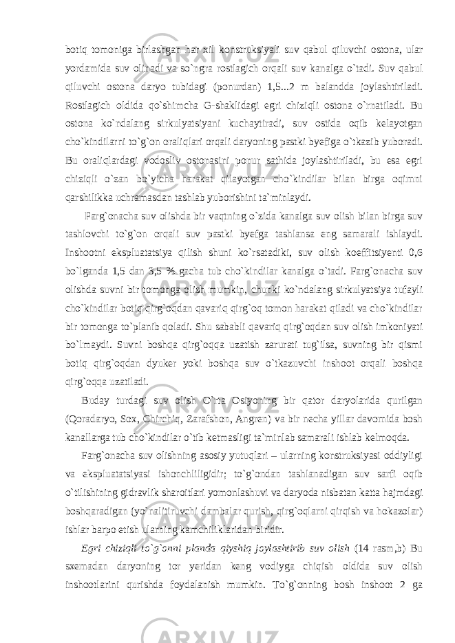 botiq tomoniga birlashgan har xil konstruksiyali suv qabul qiluvchi ostona, ular yordamida suv olinadi va so`ngra rostlagich orqali suv kanalga o`tadi. Suv qabul qiluvchi ostona daryo tubidagi (ponurdan) 1,5...2 m balandda joylashtiriladi. Rostlagich oldida qo`shimcha G-shaklidagi egri chiziqli ostona o`rnatiladi. Bu ostona ko`ndalang sirkulyatsiyani kuchaytiradi, suv ostida oqib kelayotgan cho`kindilarni to`g`on oraliqlari orqali daryoning pastki byefiga o`tkazib yuboradi. Bu oraliqlardagi vodosliv ostonasini ponur sathida joylashtiriladi, bu esa egri chiziqli o`zan bo`yicha harakat qilayotgan cho`kindilar bilan birga oqimni qarshilikka uchramasdan tashlab yuborishini ta`minlaydi. Farg`onacha suv olishda bir vaqtning o`zida kanalga suv olish bilan birga suv tashlovchi to`g`on orqali suv pastki byefga tashlansa eng samarali ishlaydi. Inshootni ekspluatatsiya qilish shuni ko`rsatadiki, suv olish koeffitsiyenti 0,6 bo`lganda 1,5 dan 3,5 % gacha tub cho`kindilar kanalga o`tadi. Farg`onacha suv olishda suvni bir tomonga olish mumkin, chunki ko`ndalang sirkulyatsiya tufayli cho`kindilar botiq qirg`oqdan qavariq qirg`oq tomon harakat qiladi va cho`kindilar bir tomonga to`planib qoladi. Shu sababli qavariq qirg`oqdan suv olish imkoniyati bo`lmaydi. Suvni boshqa qirg`oqqa uzatish zarurati tug`ilsa, suvning bir qismi botiq qirg`oqdan dyuker yoki boshqa suv o`tkazuvchi inshoot orqali boshqa qirg`oqqa uzatiladi. Buday turdagi suv olish O`rta Osiyoning bir qator daryolarida qurilgan (Qoradaryo, Sox, Chirchiq, Zarafshon, Angren) va bir necha yillar davomida bosh kanallarga tub cho`kindilar o`tib ketmasligi ta`minlab samarali ishlab kelmoqda. Farg`onacha suv olishning asosiy yutuqlari – ularning konstruksiyasi oddiyligi va ekspluatatsiyasi ishonchliligidir; to`g`ondan tashlanadigan suv sarfi oqib o`tilishining gidravlik sharoitlari yomonlashuvi va daryoda nisbatan katta hajmdagi boshqaradigan (yo`nalitiruvchi dambalar qurish, qirg`oqlarni qirqish va hokazolar) ishlar barpo etish ularning kamchiliklaridan biridir. Egri chiziqli to`g`onni planda qiyshiq joylashtirib suv olish (14 rasm,b) Bu sxemadan daryoning tor yeridan keng vodiyga chiqish oldida suv olish inshootlarini qurishda foydalanish mumkin. To`g`onning bosh inshoot 2 ga 