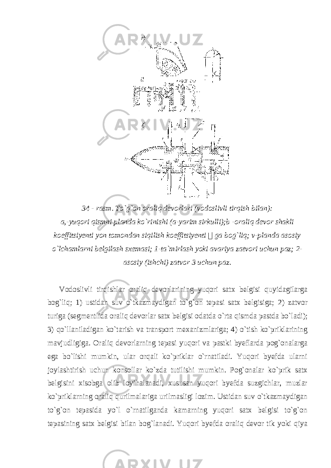 34 - rasm. To`g`on oraliq devorlari (vodoslivli tirqish bilan): a,-yuqori qismni planda ko`rinishi (a-yarim sirkulli);b -oraliq devor shakli koeffitsiyenti yon tomondan siqilish koeffitsiyenti &#55297;&#56361; ga bog`liq; v-planda asosiy o`lchamlarni belgilash sxemasi; 1-ta`mirlash yoki avariya zatvori uchun paz; 2- asosiy (ishchi) zatvor 3 uchun paz. Vodoslivli tirqishlar oraliq devorlarining yuqori satx belgisi quyidagilarga bog`liq; 1) ustidan suv o`tkazmaydigan to`g`on tepasi satx belgisiga; 2) zatvor turiga (segmentlida oraliq devorlar satx belgisi odatda o`rta qismda pastda bo`ladi); 3) qo`llaniladigan ko`tarish va transport mexanizmlariga; 4) o`tish ko`priklarining mavjudligiga. Oraliq devorlarning tepasi yuqori va pastki byeflarda pog`onalarga ega bo`lishi mumkin, ular orqali ko`priklar o`rnatiladi. Yuqori byefda ularni joylashtirish uchun konsollar ko`zda tutilishi mumkin. Pog`onalar ko`prik satx belgisini xisobga olib loyihalanadi, xususan yuqori byefda suzgichlar, muzlar ko`priklarning oraliq qurilmalariga urilmasligi lozim. Ustidan suv o`tkazmaydigan to`g`on tepasida yo`l o`rnatilganda kamarning yuqori satx belgisi to`g`on tepasining satx belgisi bilan bog`lanadi. Yuqori byefda oraliq devor tik yoki qiya 