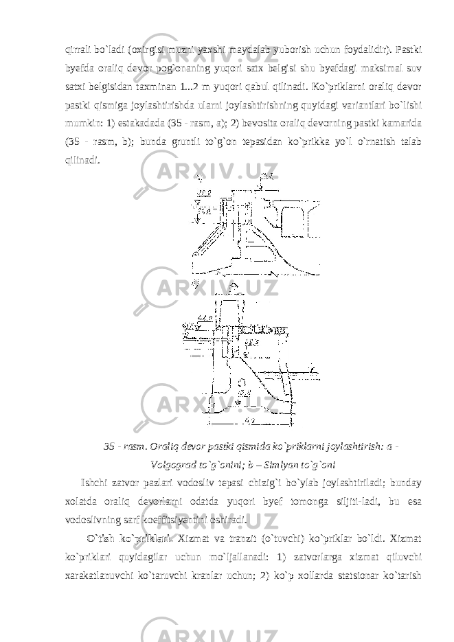 qirrali bo`ladi (oxirgisi muzni yaxshi maydalab yuborish uchun foydalidir). Pastki byefda oraliq devor pog`onaning yuqori satx belgisi shu byefdagi maksimal suv satxi belgisidan taxminan 1...2 m yuqori qabul qilinadi. Ko`priklarni oraliq devor pastki qismiga joylashtirishda ularni joylashtirishning quyidagi variantlari bo`lishi mumkin: 1) estakadada (35 - rasm, a); 2) bevosita oraliq devorning pastki kamarida (35 - rasm, b); bunda gruntli to`g`on tepasidan ko`prikka yo`l o`rnatish talab qilinadi. 35 - rasm. Oraliq devor pastki qismida ko`priklarni joylashtirish: a - Volgograd to`g`onini; b – Simlyan to`g`oni Ishchi zatvor pazlari vodosliv tepasi chizig`i bo`ylab joylashtiriladi; bunday xolatda oraliq devorlarni odatda yuqori byef tomonga siljiti-ladi, bu esa vodoslivning sarf koeffitsiyentini oshiradi. O`tish ko`priklari. Xizmat va tranzit (o`tuvchi) ko`priklar bo`ldi. Xizmat ko`priklari quyidagilar uchun mo`ljallanadi: 1) zatvorlarga xizmat qiluvchi xarakatlanuvchi ko`taruvchi kranlar uchun; 2) ko`p xollarda statsionar ko`tarish 