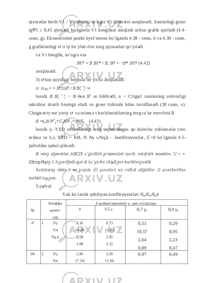 qiymatlar berib V1 / V nisbatni, so`ngra V1 qiymatni aniqlanadi. Zamindagi grunt tg Ψ 1 ≥ 0,45 qiymatli bo`lganda V1 kenglikni aniqlash uchun grafik quriladi (4.4- rasm, g). Ekssentrisitet pastki byef tomon bo`lganda 4.38 - rasm, b va 4.38 - rasm, g grafiklardagi &#55349;&#57102; o`qi bo`ylab &#55349;&#57102; ur ning qiymatlari qo`yiladi va V1 kenglik, so`ngra esa B 1* = B B 1 * / B ; B 2 = − B * B 1* (4.42) aniqlanadi. 3) &#55349;&#57102; buz quyidagi formula bo`yicha aniqlanadi: &#55349;&#57102; &#55349;&#57102; буз = = R cos δ 1 / B B ( * ) − n bunda B В ( * ) − B ёки B * ni bildiradi; n = C1tgφ1 zaminning ustivorligi oshishini shartli hisobga oladi va grunt tishlashi bilan tavsiflanadi (38 rasm, v). Chegaraviy me`yoriy &#55349;&#57102; va urinma τ kuchlanishlarning teng ta`sir etuvchisi R R =γ 1 B N 2 γ + C 1 BN с + qBN q (4.43) bunda q -YED uchastkadagi teng taqsimlangan qo`shimcha yuklamalar (suv urilma va b.); YED = KB, N Nγ s,Nq,k – koeffitsiyentlar, δ`=0 bo`lganda 4.5- jadvaldan qabul qilinadi. R ning qiymatini ABCD o`pirilish prizmasini qurib aniqlash mumkin. U r = EBexp Өφ tg 1 logarifmik spiral bo`yicha chizilgan kuchlanganlik holatining aktiv I va passiv III zonalari va radial siljishlar II zonalaridan tashkil topgan . 5-jadval Yuk ko`tarish qobiliyati koeffitsiyentlari N γ , N 3 , N q , k № Коэффи циент- лар δ қийматларининг γ 1 дан улушлари 0 0,5 γ 1 0,7 γ 1 0,9 γ 1 4 0 1 Nγ Nе Nq k 1,16 14,38 3,58 1,89 0,73 11,83 2,95 1,22 0,53 10,57 2,64 0,89 0,29 8,95 2,23 0,47 00 2 Nγ Nе 2,84 17,58 1,50 12,96 0,97 0,49 