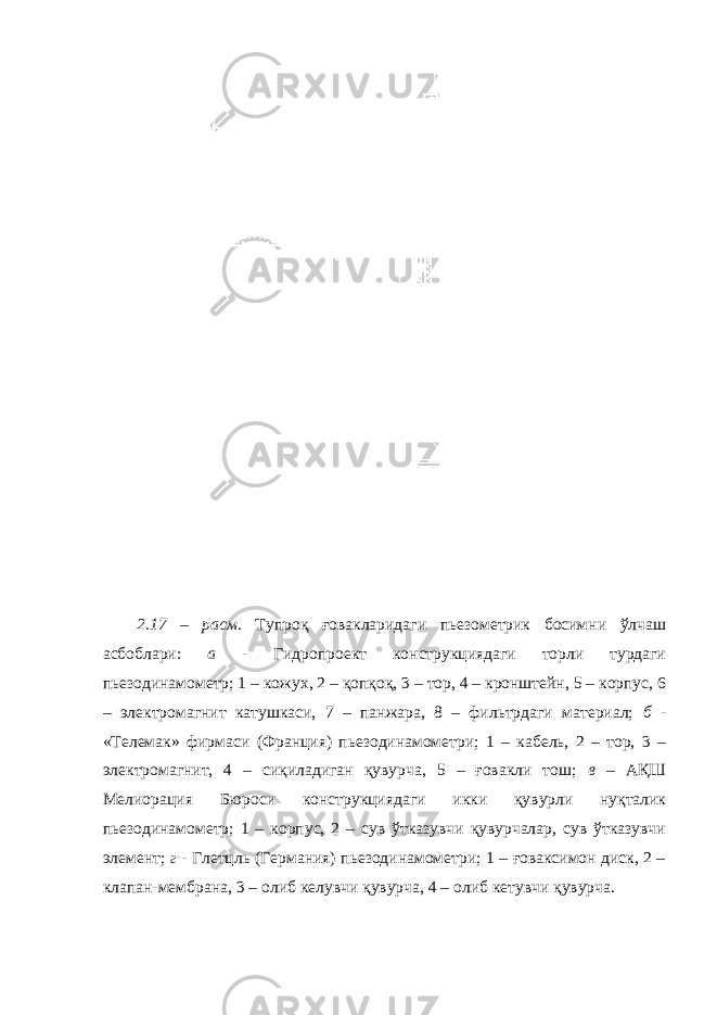 2.17 – расм. Тупроқ ғовакларидаги пьезометрик босимни ўлчаш асбоблари: а - Гидропроект конструкциядаги торли турдаги пьезодинамометр; 1 – кожух, 2 – қопқоқ, 3 – тор, 4 – кронштейн, 5 – корпус, 6 – электромагнит катушкаси, 7 – панжара, 8 – фильтрдаги материал; б - «Телемак» фирмаси (Франция) пьезодинамометри; 1 – кабель, 2 – тор, 3 – электромагнит, 4 – сиқиладиган қувурча, 5 – ғовакли тош; в – АҚШ Мелиорация Бюроси конструкциядаги икки қувурли нуқталик пьезодинамометр; 1 – корпус, 2 – сув ўтказувчи қувурчалар, сув ўтказувчи элемент; г - Глетцль (Германия) пьезодинамометри; 1 – ғоваксимон диск, 2 – клапан-мембрана, 3 – олиб келувчи қувурча, 4 – олиб кетувчи қувурча. 