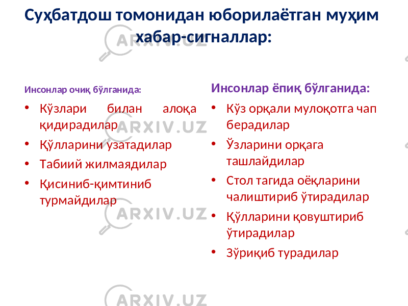 Суҳбатдош томонидан юборилаётган муҳим хабар-сигналлар: Инсонлар очиқ бўлганида : • Кўзлари билан алоқа қидирадилар • Қўлларини узатадилар • Табиий жилмаядилар • Қисиниб - қимтиниб турмайдилар Инсонлар ёпиқ бўлганида : • Кўз орқали мулоқотга чап берадилар • Ўзларини орқага ташлайдилар • Стол тагида оёқларини чалиштириб ўтирадилар • Қўлларини қовуштириб ўтирадилар • Зўриқиб турадилар 