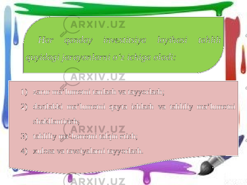 Har qanday investitsiya loyihasi tahlili quyidagi jarayonlarni o‘z ichiga oladi: 1) zarur ma’lumotni tanlash va tayyorlash; 2) dastlabki ma’lumotni qayta ishlash va tahliliy ma’lumotni shakllantirish; 3) tahliliy ma’lumotni talqin etish; 4) xulosa va tavsiyalarni tayyorlash. 