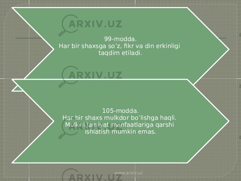 99-modda. Har bir shaxsga so’z, fikr va din erkinligi taqdim etiladi. 105-modda. Har bir shaxs mulkdor bo’lishga haqli. Mulkni jamiyat manfaatlariga qarshi ishlatish mumkin emas. www.arxiv.uz 