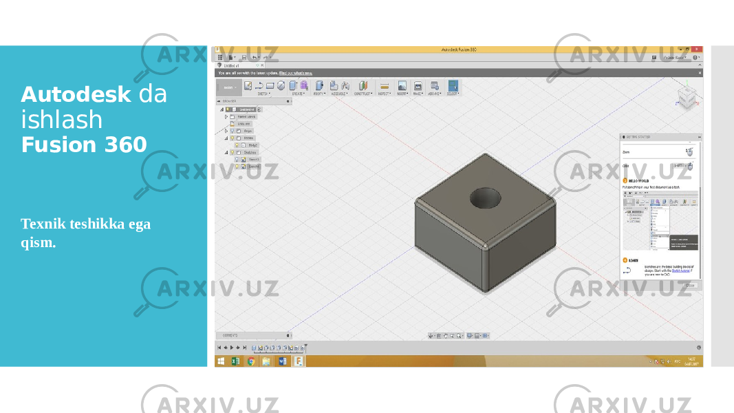 Autodesk da ishlash Fusion 360 Вставка рисунка Texnik teshikka ega qism. 