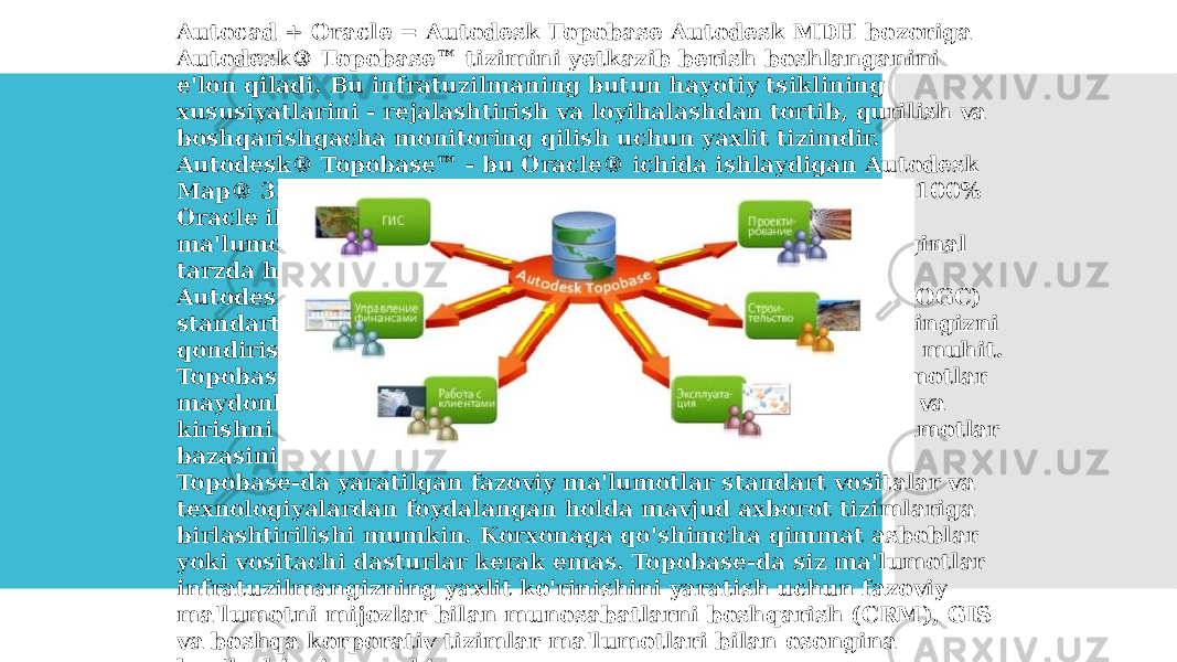 Autocad + Oracle = Autodesk Topobase Autodesk MDH bozoriga Autodesk® Topobase™ tizimini yetkazib berish boshlanganini e&#39;lon qiladi. Bu infratuzilmaning butun hayotiy tsiklining xususiyatlarini - rejalashtirish va loyihalashdan tortib, qurilish va boshqarishgacha monitoring qilish uchun yaxlit tizimdir. Autodesk® Topobase™ - bu Oracle® ichida ishlaydigan Autodesk Map® 3D va Autodesk MapGuide® tizimlari. Topobase - bu 100% Oracle ilovasi bo&#39;lib, u geofazoviy va operatsion-moliyaviy ma&#39;lumotlarni integratsiyalash muammolarini sodda va original tarzda hal qiladi. Autodesk® Topobase™ - bu Ochiq Geospatial Konsortsium (OGC) standartlariga javob beradigan va sizning maxsus ehtiyojlaringizni qondirish uchun osongina sozlanishi mumkin bo&#39;lgan ochiq muhit. Topobase maxsus ish oqimlarini qo&#39;llab-quvvatlaydi - ma&#39;lumotlar maydonlari, protseduralar, biznes qoidalari, dialog oynalari va kirishni boshqarish. Foydalanuvchilar dasturlash yoki ma&#39;lumotlar bazasini boshqarish tajribasiga ega bo&#39;lishlari shart emas. Topobase-da yaratilgan fazoviy ma&#39;lumotlar standart vositalar va texnologiyalardan foydalangan holda mavjud axborot tizimlariga birlashtirilishi mumkin. Korxonaga qo&#39;shimcha qimmat asboblar yoki vositachi dasturlar kerak emas. Topobase-da siz ma&#39;lumotlar infratuzilmangizning yaxlit ko&#39;rinishini yaratish uchun fazoviy ma&#39;lumotni mijozlar bilan munosabatlarni boshqarish (CRM), GIS va boshqa korporativ tizimlar ma&#39;lumotlari bilan osongina bog&#39;lashingiz mumkin. 