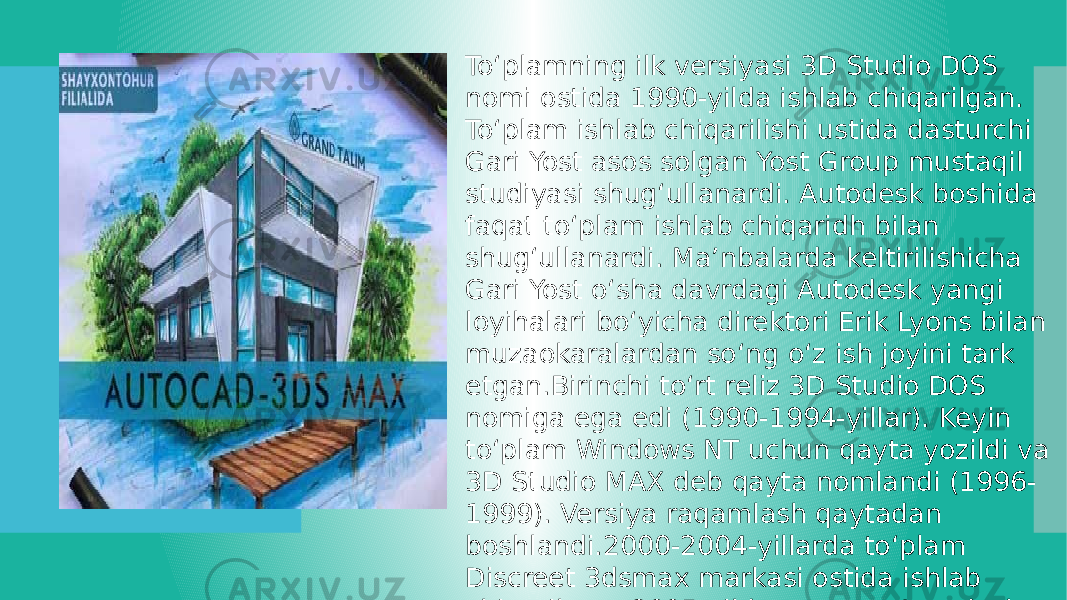 Toʻplamning ilk versiyasi 3D Studio DOS nomi ostida 1990-yilda ishlab chiqarilgan. Toʻplam ishlab chiqarilishi ustida dasturchi Gari Yost asos solgan Yost Group mustaqil studiyasi shugʻullanardi. Autodesk boshida faqat toʻplam ishlab chiqaridh bilan shugʻullanardi. Maʼnbalarda keltirilishicha Gari Yost oʻsha davrdagi Autodesk yangi loyihalari boʻyicha direktori Erik Lyons bilan muzaokaralardan soʻng oʻz ish joyini tark etgan.Birinchi toʻrt reliz 3D Studio DOS nomiga ega edi (1990-1994-yillar). Keyin toʻplam Windows NT uchun qayta yozildi va 3D Studio MAX deb qayta nomlandi (1996- 1999). Versiya raqamlash qaytadan boshlandi.2000-2004-yillarda toʻplam Discreet 3dsmax markasi ostida ishlab chiqarilgan, 2005-yildan esa — Autodesk 3ds MAX markasi ostida. Joriy versiyasi Autodesk 3ds MAX 2018 nomiga ega 