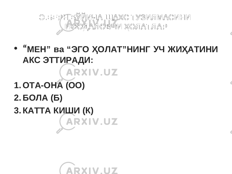 Э.БЕРН БЎЙИЧА ШАХС ТУЗИЛМАСИНИ ИФОДАЛОВЧИ ҲОЛАТЛАР • “ МЕН” ва “ЭГО ҲОЛАТ”НИНГ УЧ ЖИҲАТИНИ АКС ЭТТИРАДИ: 1. ОТА-ОНА (ОО) 2. БОЛА (Б) 3. КАТТА КИШИ (К) 