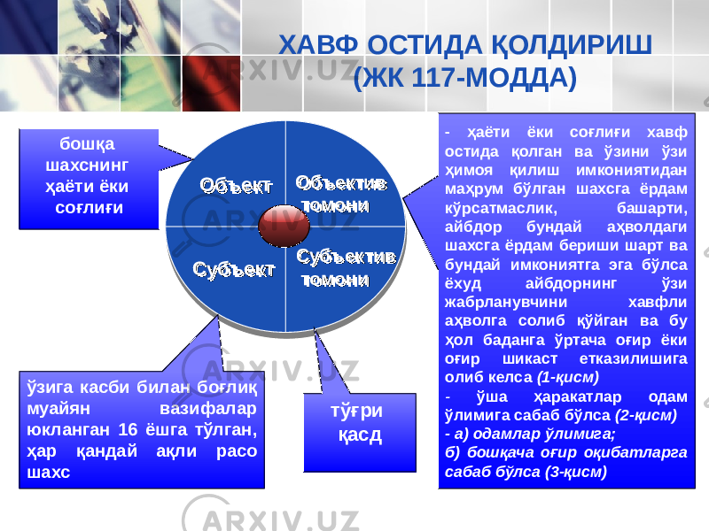 ОбъектОбъект Объектив томониОбъектив томони Субъектив томониСубъектив томониСубъектСубъектбошқа шахснинг ҳаёти ёки соғлиғи ўзига касби билан боғлиқ муайян вазифалар юкланган 16 ёшга тўлган, ҳар қандай ақли расо шахс тўғри қасд - ҳаёти ёки соғлиғи хавф остида қолган ва ўзини ўзи ҳимоя қи лиш имкониятидан маҳрум бўлган шахсга ёрдам кўрсатмаслик, башарти, айбдор бундай аҳволдаги шахсга ёрдам бериши шарт ва бундай имкониятга эга бўлса ёхуд айбдорнинг ўзи жабрланув чини хавфли аҳволга солиб қўйган ва бу ҳол баданга ўртача оғир ёки оғир шикаст етказилишига олиб келса (1-қисм) - ўша ҳаракатлар одам ўлимига сабаб бўлса (2-қисм) - а) одамлар ўлимига; б) бошқача оғир оқибатларга сабаб бўлса (3-қисм)ХАВФ ОСТИДА ҚОЛДИРИШ (ЖК 117-МОДДА) 