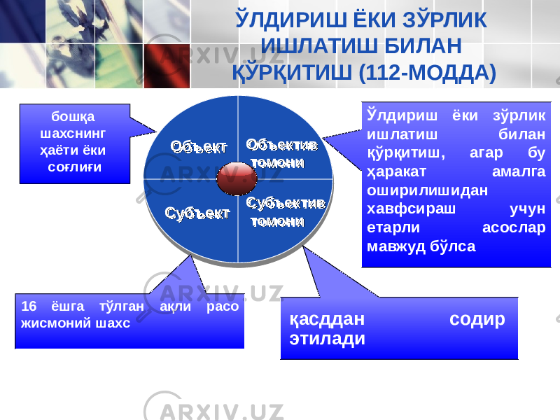 ОбъектОбъект Объектив томониОбъектив томони Субъектив томониСубъектив томониСубъектСубъектбошқа шахснинг ҳаёти ёки соғлиғи 16 ёшга тўлган ақли расо жисмоний шахс қасддан содир этилади Ўлдириш ёки зўрлик ишлатиш билан қўрқитиш, агар бу ҳаракат амалга оширилишидан хавфсираш учун етарли асослар мавжуд бўлсаЎЛДИРИШ ЁКИ ЗЎРЛИК ИШЛАТИШ БИЛАН ҚЎРҚИТИШ (112-МОДДА) 