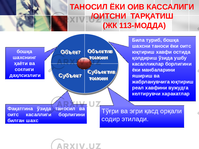 ОбъектОбъект Объектив томониОбъектив томони Субъектив томониСубъектив томониСубъектСубъектбошқа шахснинг ҳаёти ва соғлиги даҳлсизлиги Фақатгина ўзида таносил ва оитс касаллиги борлигини билган шахс Тўғри ва эгри қасд орқали содир этилади. Била туриб, бошқа шахсни таноси ёки оитс юқтириш хавфи остида қолдириш ўзида ушбу касалликлар борлигини ёки манбаларини яшириш ва жабрланувчига юқтириш реал хавфини вужудга келтирувчи харакатларТАНОСИЛ ЁКИ ОИВ КАССАЛИГИ /ОИТСНИ ТАРҚАТИШ (ЖК 113-МОДДА) 