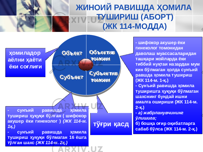 ОбъектОбъект Объектив томониОбъектив томони Субъектив томониСубъектив томониСубъектСубъектҳомиладор аёлни ҳаёти ёки соғлиғи - сунъий равишда ҳомила тушириш ҳуқуқи бўлган ( шифокор акушер ёки гинеколог ) (ЖК 114-м. 1қ.) - сунъий равишда ҳомила тушириш ҳуқуқи бўлмаган 16 ёшга тўлган шахс (ЖК 114-м. 2қ.) тўғри қасд - шифокор акушер ёки гинеколог томонидан даволаш муасса саларидан ташқари жойларда ёки тиббий нуқтаи назардан мум кин бўлмаган ҳолда сунъий равшда ҳомила тушириш (ЖК 114-м. 1-қ.) - Сунъий равишда ҳомила туширишга ҳуқуқи бўлмаган шахс нинг бундай ишни амалга ошириши (ЖК 114-м. 2-қ.) - а) жабрланувчининг ўлишига; б) бошқа оғир оқибатларга сабаб бўлса (ЖК 114-м. 2-қ.)ЖИНОИЙ РАВИШДА ҲОМИЛА ТУШИРИШ (АБОРТ) (ЖК 114-МОДДА) 