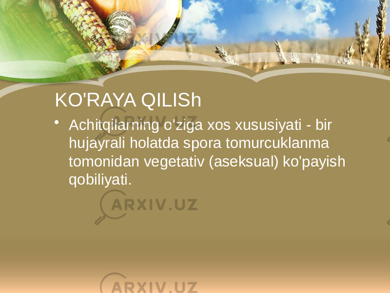 KO&#39;RAYA QILISh • Achitqilarning o&#39;ziga xos xususiyati - bir hujayrali holatda spora tomurcuklanma tomonidan vegetativ (aseksual) ko&#39;payish qobiliyati. 