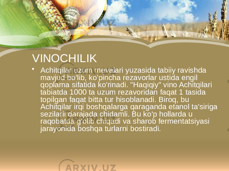 VINOCHILIK • Achitqilar uzum mevalari yuzasida tabiiy ravishda mavjud bo&#39;lib, ko&#39;pincha rezavorlar ustida engil qoplama sifatida ko&#39;rinadi. &#34;Haqiqiy&#34; vino Achitqilari tabiatda 1000 ta uzum rezavoridan faqat 1 tasida topilgan faqat bitta tur hisoblanadi. Biroq, bu Achitqilar irqi boshqalarga qaraganda etanol ta&#39;siriga sezilarli darajada chidamli. Bu ko&#39;p hollarda u raqobatda g&#39;olib chiqadi va sharob fermentatsiyasi jarayonida boshqa turlarni bostiradi. 